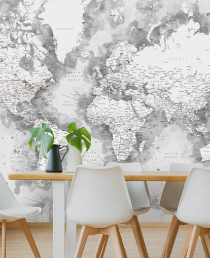 grey and white detailed watercolour painted world map wallpaper