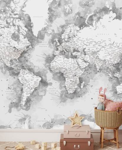 carta da parati grigia e bianca con mappa del mondo dipinta ad acquerello
