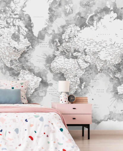 grey and white detailed watercolour painted world map wallpaper