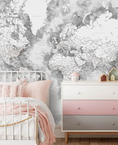 grey and white detailed watercolour painted world map wallpaper