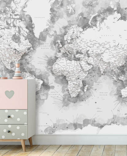 grey and white detailed watercolour painted world map wallpaper