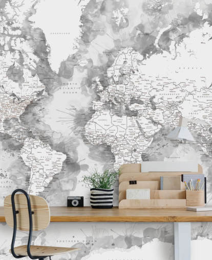 grey and white detailed watercolour painted world map wallpaper