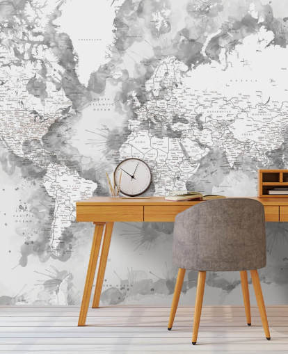 papel de parede de mapa do mundo pintado em aquarela detalhada cinza e branco