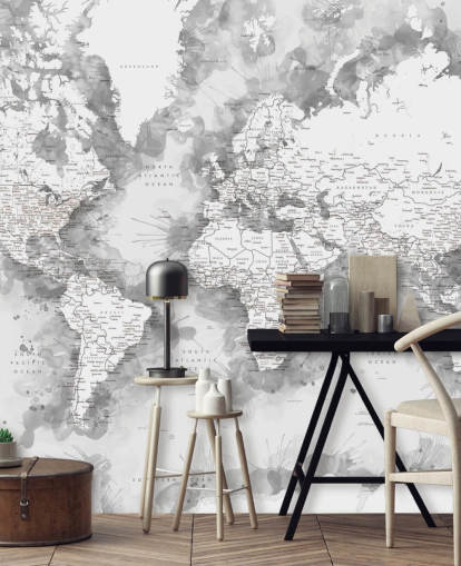 fondo de pantalla de mapa del mundo pintado con acuarela detallada gris y blanco