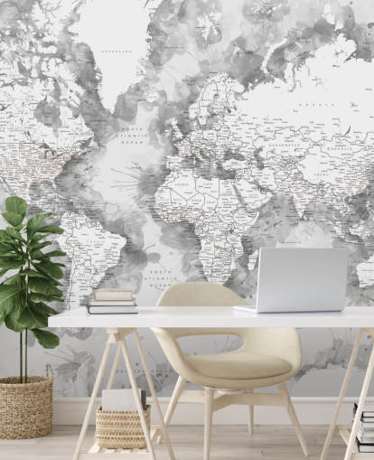 grey and white detailed watercolour painted world map wallpaper