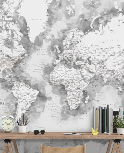 fondo de pantalla de mapa del mundo pintado con acuarela detallada gris y blanco