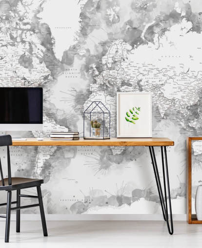 Graue und weiße detaillierte Aquarell bemalte Weltkarten-Tapete