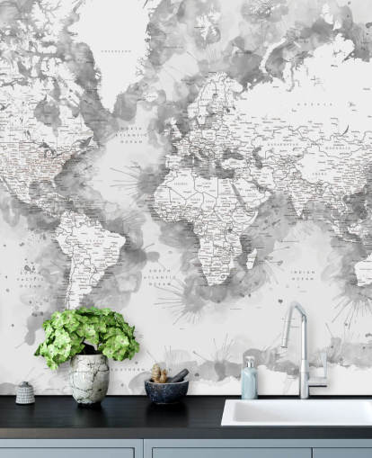 grey and white detailed watercolour painted world map wallpaper