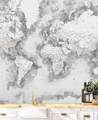 grey and white detailed watercolour painted world map wallpaper