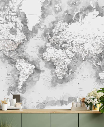 Papier peint carte du monde peinte à l'aquarelle détaillée en gris et blanc