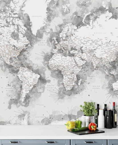 grey and white detailed watercolour painted world map wallpaper