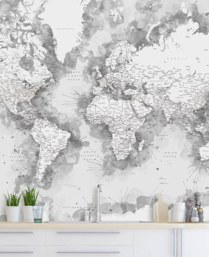 Papier peint carte du monde peinte à l'aquarelle détaillée en gris et blanc