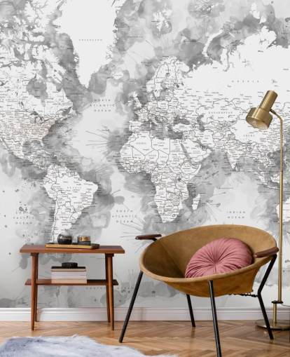 Papier peint carte du monde peinte à l'aquarelle détaillée en gris et blanc