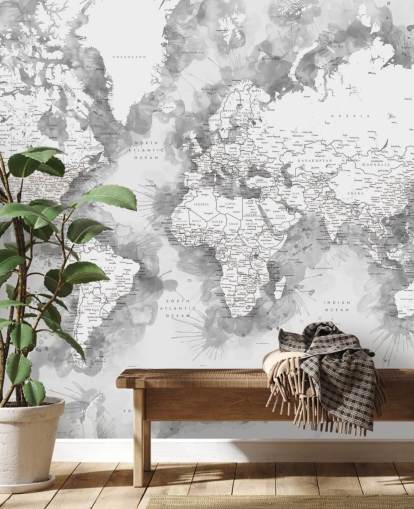 carta da parati grigia e bianca con mappa del mondo dipinta ad acquerello carta da parati grigia e bianca con mappa del mondo dipinta ad acquerello