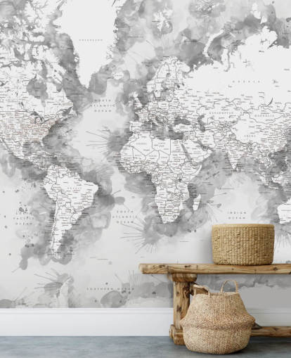 grey and white detailed watercolour painted world map wallpaper