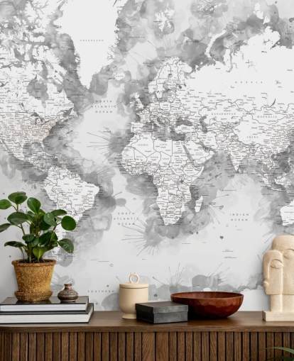 fondo de pantalla de mapa del mundo pintado con acuarela detallada gris y blanco