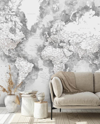 grey and white detailed watercolour painted world map wallpaper