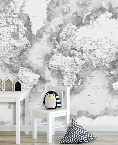 grey and white detailed watercolour painted world map wallpaper