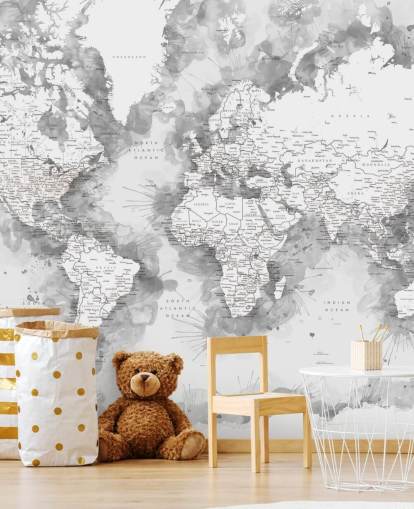 Papier peint carte du monde peinte à l'aquarelle détaillée en gris et blanc