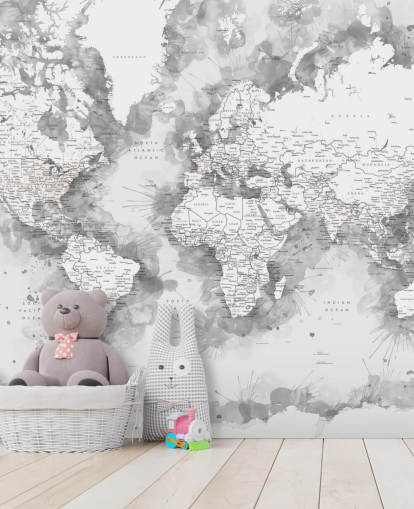 grey and white detailed watercolour painted world map wallpaper