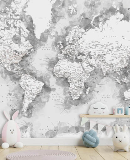 carta da parati grigia e bianca con mappa del mondo dipinta ad acquerello