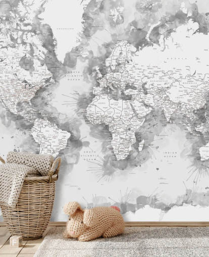 carta da parati grigia e bianca con mappa del mondo dipinta ad acquerello