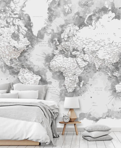 fondo de pantalla de mapa del mundo pintado con acuarela detallada gris y blanco