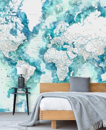 teal watercolour painted detailed world map wallpaper