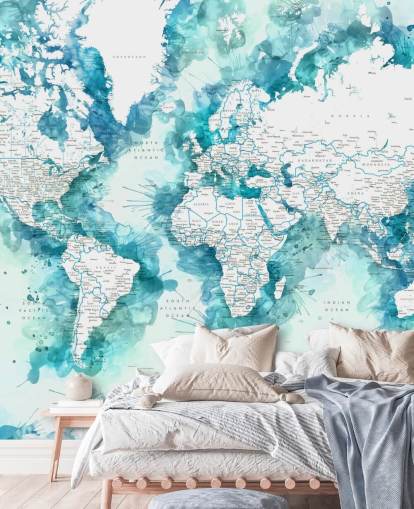 aquarela verde-azulada pintada mapa do mundo detalhado papel de parede