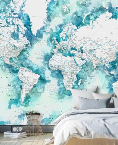 fondo de pantalla de mapa del mundo pintado en acuarela verde azulado