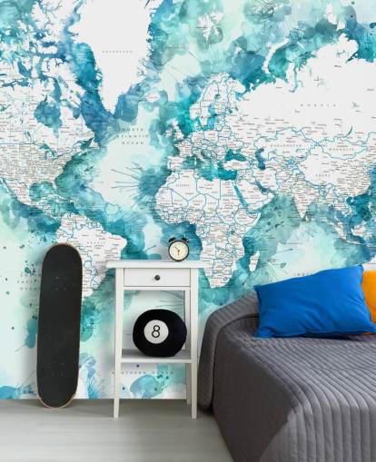 groenblauw aquarel geschilderd gedetailleerde wereldkaart behang