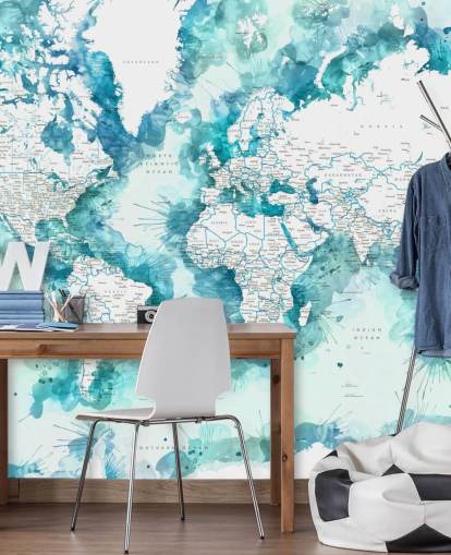 groenblauw aquarel geschilderd gedetailleerde wereldkaart behang groenblauw aquarel geschilderd gedetailleerde wereldkaart behang