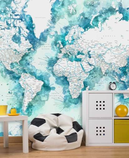 fond d'écran carte du monde détaillé peint à l'aquarelle sarcelle