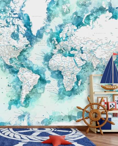 teal watercolour painted detailed world map wallpaper