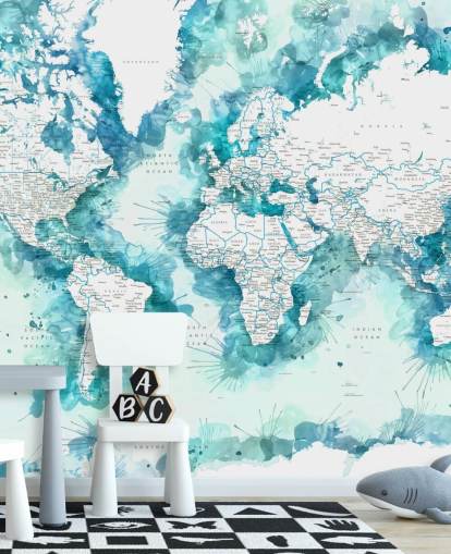 aquarela verde-azulada pintada mapa do mundo detalhado papel de parede