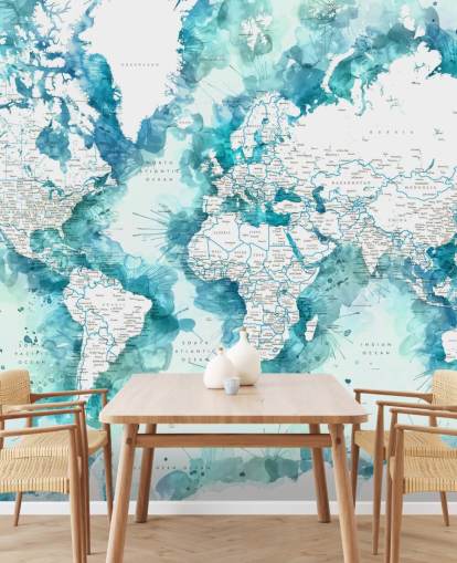 groenblauw aquarel geschilderd gedetailleerde wereldkaart behang groenblauw aquarel geschilderd gedetailleerde wereldkaart behang
