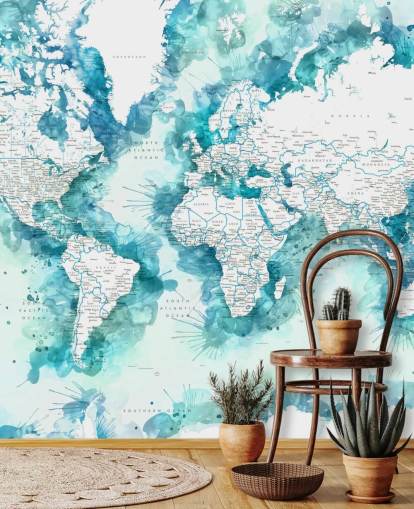 teal watercolour painted detailed world map wallpaper