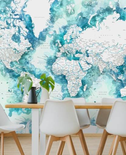 fond d'écran carte du monde détaillé peint à l'aquarelle sarcelle