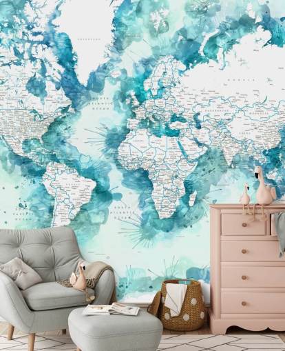teal watercolour painted detailed world map wallpaper