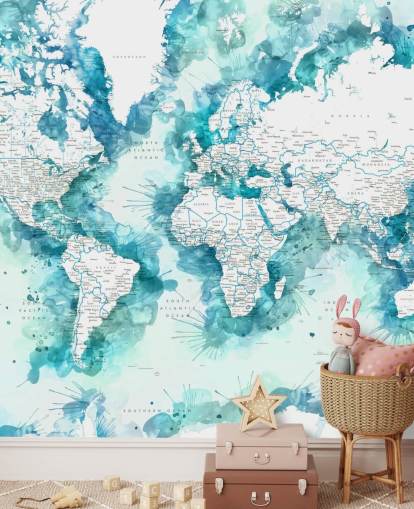 teal watercolour painted detailed world map wallpaper