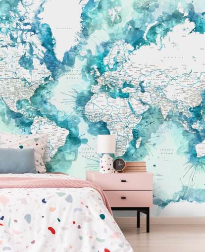 fondo de pantalla de mapa del mundo pintado en acuarela verde azulado