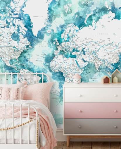 teal watercolour painted detailed world map wallpaper