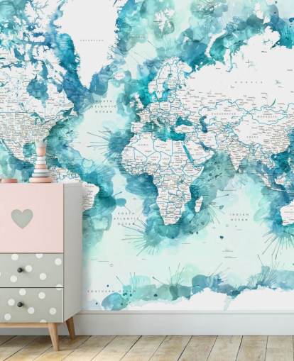 teal watercolour painted detailed world map wallpaper