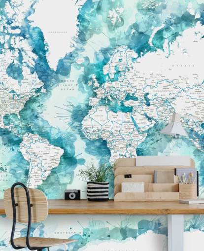 fondo de pantalla de mapa del mundo pintado en acuarela verde azulado