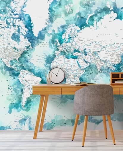 groenblauw aquarel geschilderd gedetailleerde wereldkaart behang