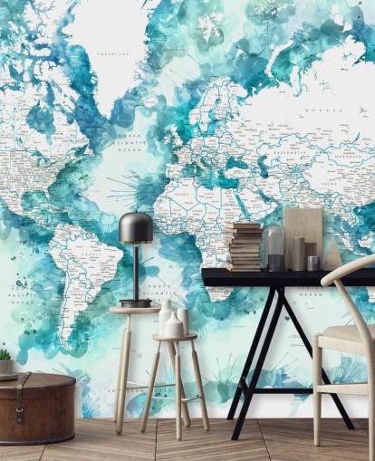 carta da parati dettagliata con mappa del mondo dipinta ad acquerello