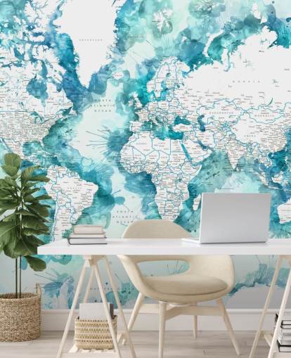groenblauw aquarel geschilderd gedetailleerde wereldkaart behang groenblauw aquarel geschilderd gedetailleerde wereldkaart behang