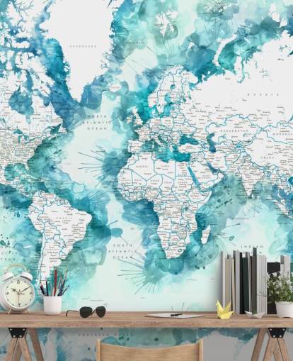 teal watercolour painted detailed world map wallpaper