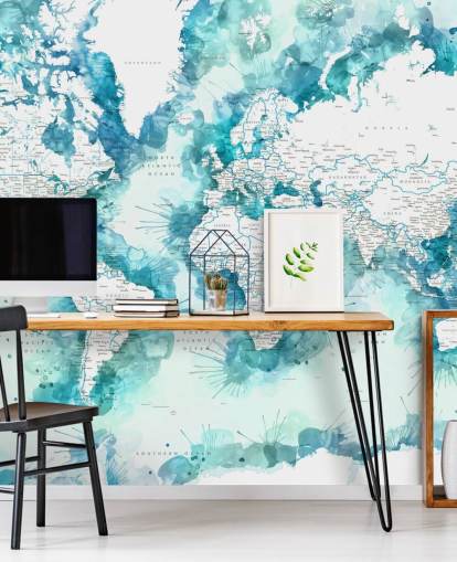 teal watercolour painted detailed world map wallpaper