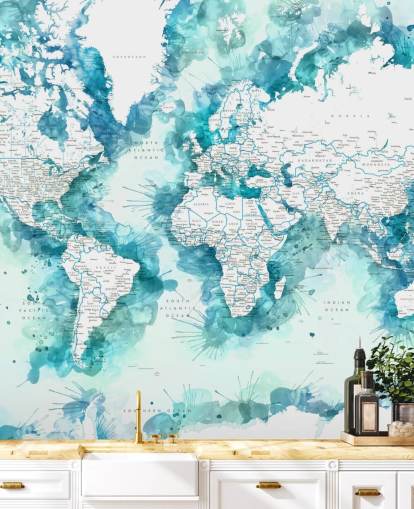 teal watercolour painted detailed world map wallpaper